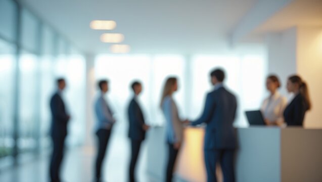 Reception hall of a business office building with a blurred background of the customer counter and cashier desk
