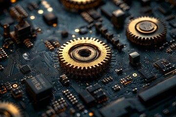 Fototapeta premium Detailed close up of circuit board components and golden gears
