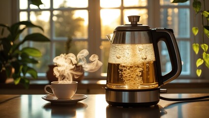 A boiling kettle of water is seen against a sunset backdrop through the window. Symbolizing the coffee break and the end of the daily work routine.