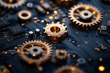 A close up view of an integrated circuit board with gears