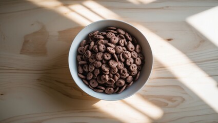 Top-down view of a white bowl of chocolate breakfast cereal on a wooden table with space for text. Healthy morning meal concept.