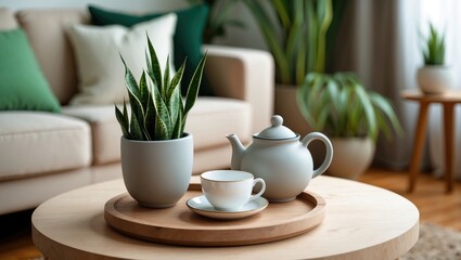 Closeup of a room featuring a table with a snake plant, teapot, and cup