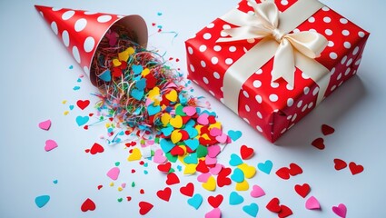 Obraz premium Flat Lay Design of Celebration and Party Background Ideas with Colorful Confetti, Streamers, and Gift Box