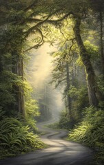 Fototapeta premium Misty forest road. Sunlight filters through trees