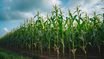 Obraz premium Tall green unripe corn stalks with immature ears. Maize cultivation. Corn planting region or cornfield. Farming.