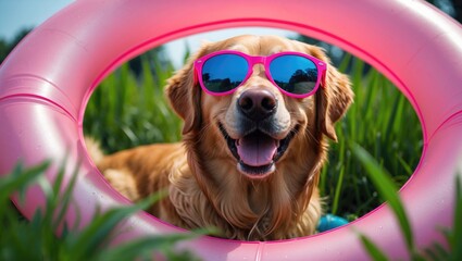A dog in sunglasses relaxes on green grass, excited for a swim