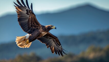 Obraz premium Golden eagle in adulthood circles to hunt for prey in the background