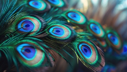 Obraz premium An intricate close-up of feathers displaying vivid iridescent hues and unique patterns, highlighting elaborate textures and natural elegance.