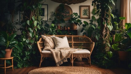 Fototapeta premium A cozy and welcoming living space adorned with plants and retro furnishings.