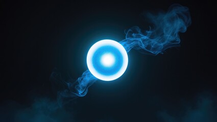 Obraz premium Gorgeous blue color projector with wide lens and light beam for nighttime movie screenings, complemented by abstract smoke texture against a black backdrop.