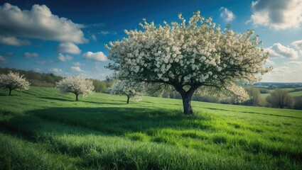 Farming scenery featuring blossoming apple trees in the area