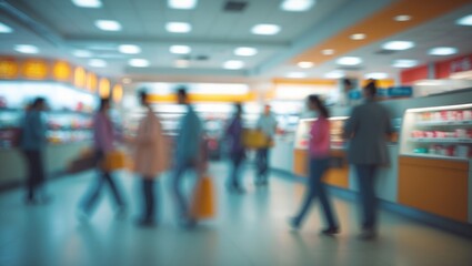 Abstract medical backdrop for design purposes. Blurred pharmacy counter with individuals.