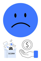 Blue sad face emotion, SCORM file box with digital media elements, and palm with coin. Ideal for e-learning issues, financial challenges, technology struggles, content monetization, user