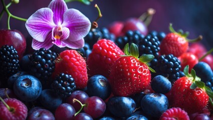 A close-up macro view of various fruits including blueberries, raspberries, grapes, ground cherries, strawberries, and an edible flower.