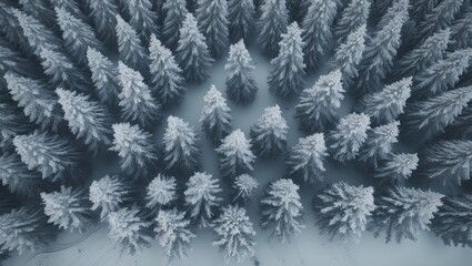 Fototapeta premium Aerial view from a drone of frosted trees in the forest. Mountain landscape.
