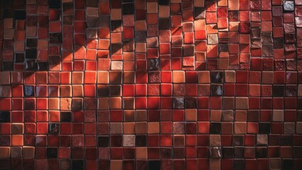 Red and brown ceramic mosaic tile backdrop. Contemporary vintage ceramic tiles for wall or floor decoration. A range of red tones in ceramic tiles. Furnishing material for interior design.