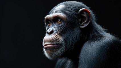 Fototapeta premium Closeup of a serious Chimpanzee questioning, against a black backdrop, intricate details, paste space