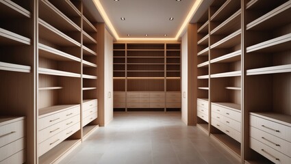 Fototapeta premium Inside a lavish walk-in closet with a floor and two walls adorned with multiple shelving units for storage