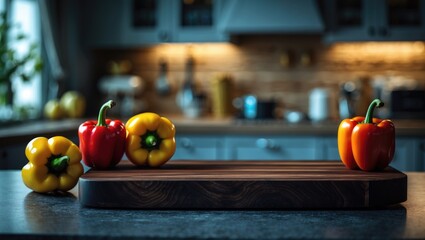 Bell peppers on a dark cutting board in the kitchen