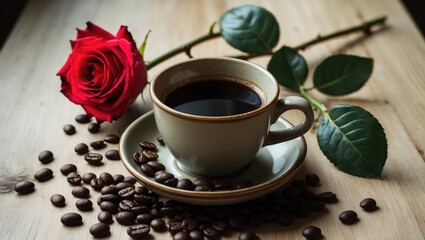 Obraz premium A red rose and a cup of coffee placed on a wooden table