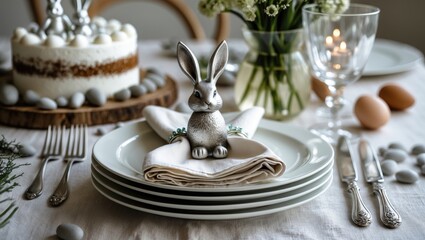 Spring table decor showcasing a plate with a bunny-adorned cotton napkin, cake, and eggs. Includes silverware, bunnies, and a flower vase atop a linen tablecloth. The essence of a cheerful holiday.