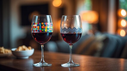 Naklejka premium Macro shot of two glasses of red wine on a romantic party table with a bokeh background