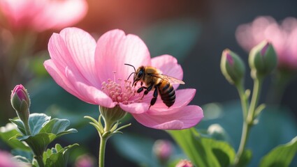 A vivid pink blossom in complete bloom with fragile petals, frequented by a bee collecting nectar.