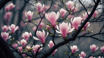 A complete frame image of magnolia blossoms on a tree
