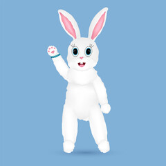 White anthropomorphic 3D character Easter Bunny with big blue eyes waving his paw on a blue background. Bracelet with Easter inscription. Vector drawing. Perfect for holiday greetings, festive designs