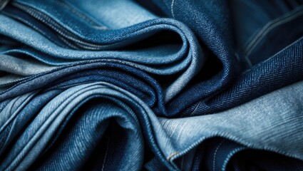 Fototapeta premium Abstract background of stacked denim fabric with close-up texture and curved lines