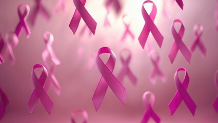 Breast Cancer Awareness Pink Ribbon. Soaring pink ribbons on a pink surface. Awareness campaign for breast cancer. Overhead view. Mockup.