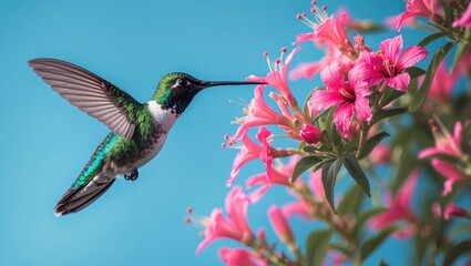 Fototapeta premium A hummingbird extracts nectar from a flower