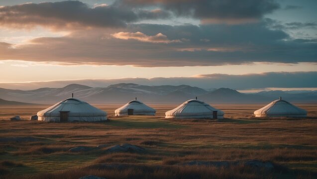 Scenic arctic scenery. Yaranga in the tundra. Indigenous people's traditional lifestyle. Autumn tundra morning view.