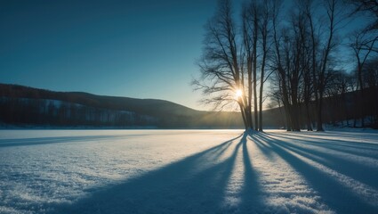 A sunlit frozen lake displaying light and shadow