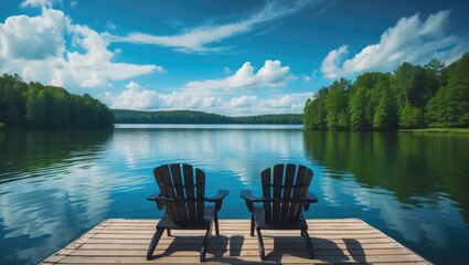 Naklejka premium Pier with Adirondack chairs gazing at a tranquil lake