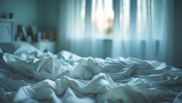 Abstract blurred disarrayed bed with curtains and window in the background
