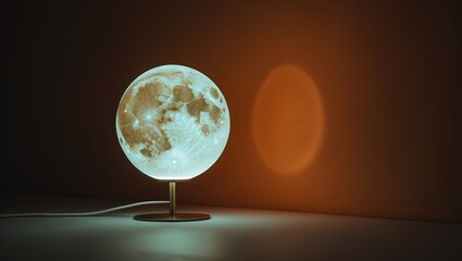 Round lamp resembling a full moon with an illuminated bulb casting light on the wall in a dark room.