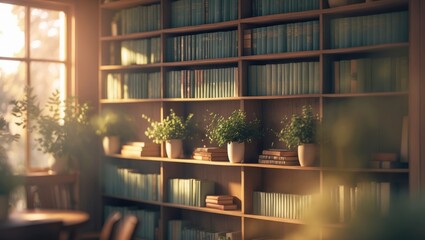 Serene library with a blurred background showcasing wooden bookshelves, potted plants, and warm sunlight, ideal for reading and relaxation.