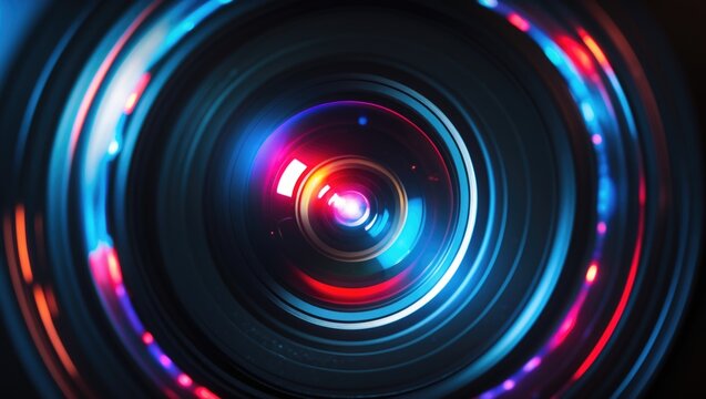 Image shows digital projector film display. Closeup of shiny colorful glass lens on projector, macro perspective.