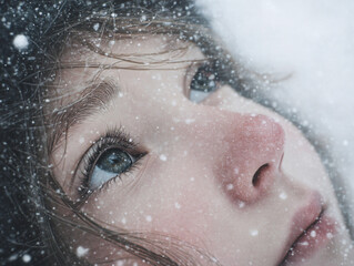 close-up winter portrait of young woman lying in snow, peaceful emotional expression with soft flakes and cold seasonal textures, serene outdoor scene capturing natural beauty and introspection