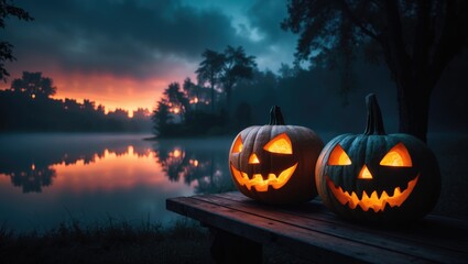 On a terrifying night, a carved pumpkin lantern shines eerily to the left of a wooden product display bench.