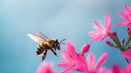 The sight of a flying carpenter bee or buzz pollinator over pink flowers.