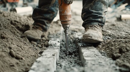 Construction worker drilling holes for concrete anchors. Featuring precision and technique