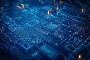 Electronic circuit board with intricate details and complex lines shown