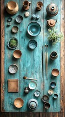 Assorted ceramic ware arranged on a teal wooden table.  