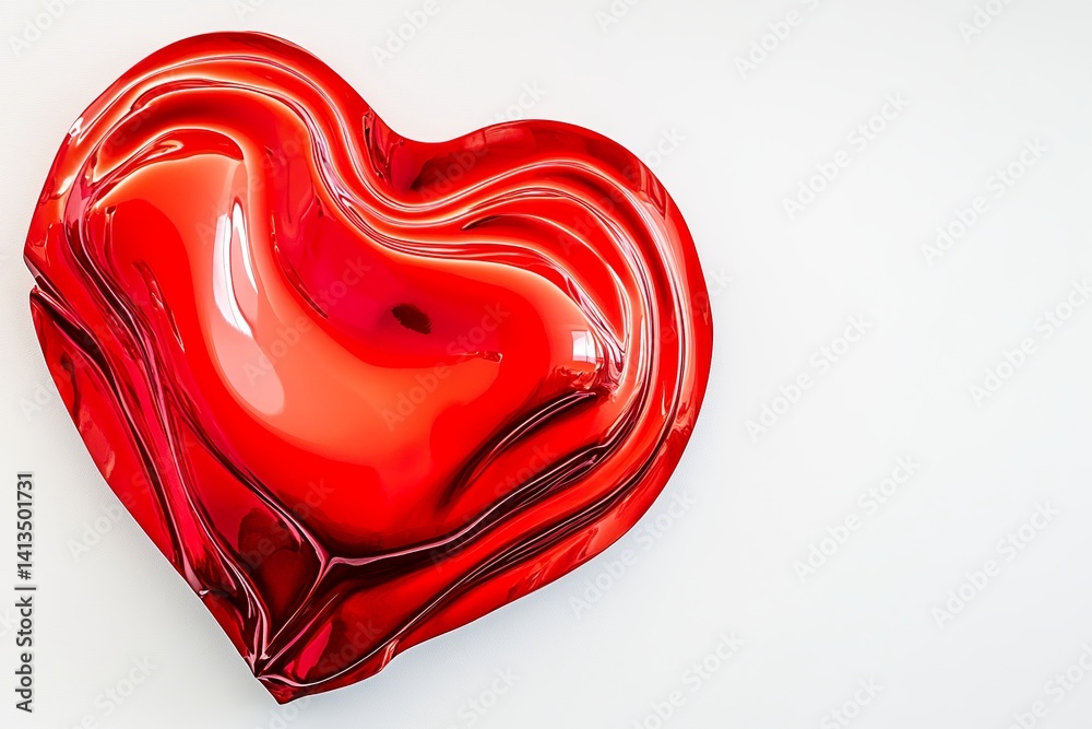 Poster a shiny red heart shape object with a glossy surface on a plain white background in a close up view