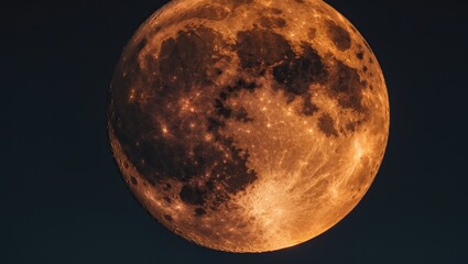 Red full moon against a dark sky backdrop, captured from the surface with an extremely long telephoto lens. Close-up of the moon shining in a clear sky.