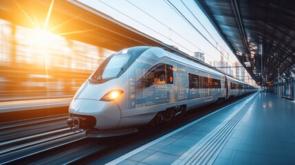 Obraz premium High-Speed Train, Futuristic Travel, Modern Transportation, Railway Station Platform, Data Visualization on Train Windows