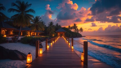 Obraz premium Breathtaking sunset vista. Luxury villas by the sea featuring soft LED lights under a kaleidoscopic sky. Stunning twilight sky with colorful cloud formations. Ideal beach ambiance for a vacation