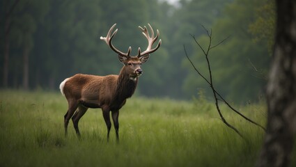 Fototapeta premium After rubbing their antlers on branches, red deer (Cervus elaphus) lose velvet, set against a forest background.